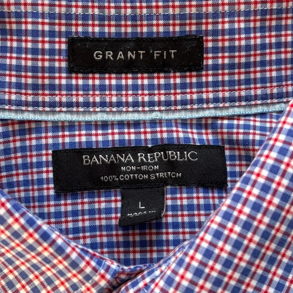 Banana Republic Shirt Mens Large Blue‎ Red Plaid Grant Fit Non Iron Stretch